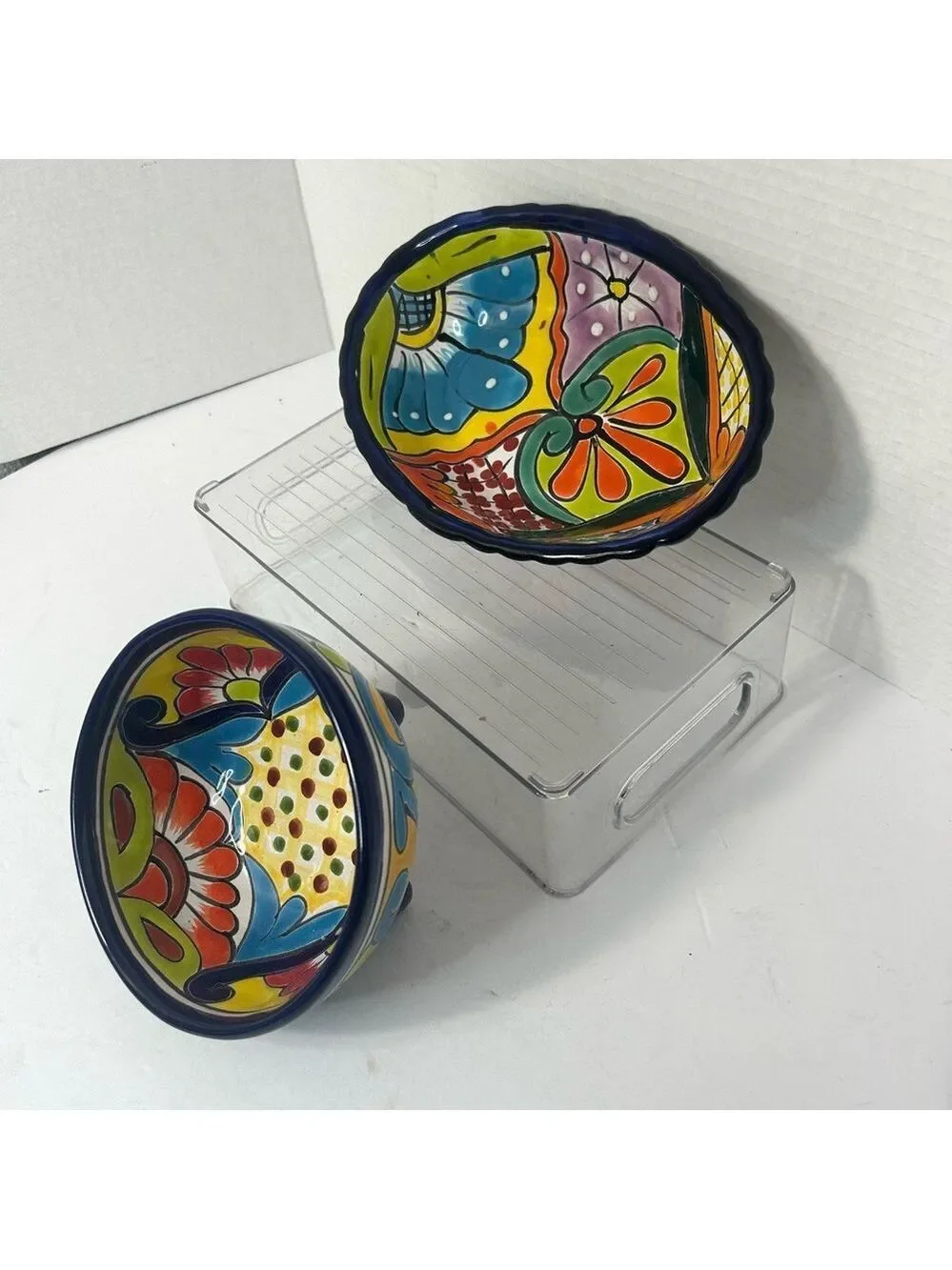 Talavera Mexican Pottery Set of Two Trinket Dishes Handpainted Signed Floral